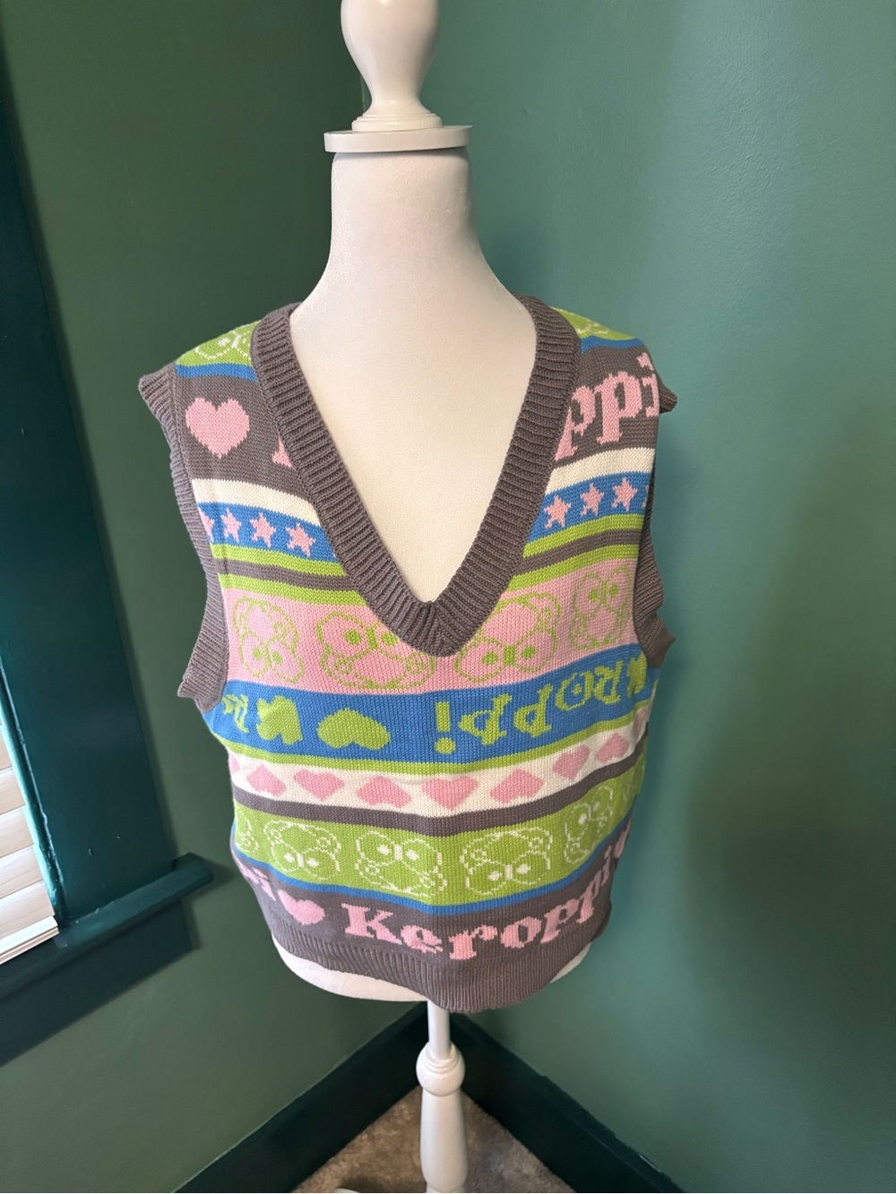 Hello Kitty Keroppi Multicolor V-Neck Sweater Vest - Brown, Pink, Green, Blue